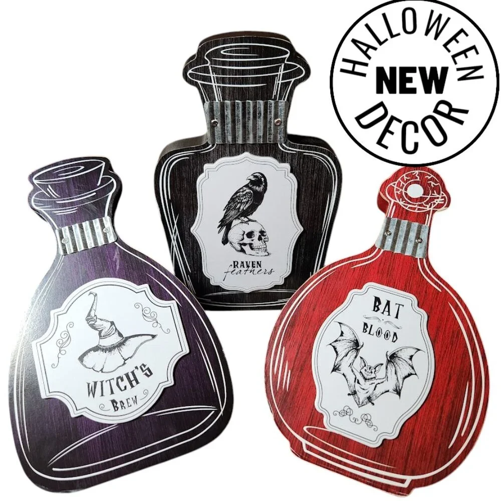 New Set of 3 Halloween Decor Wooden Potions Wood Decorations Bat Blood Witch's B